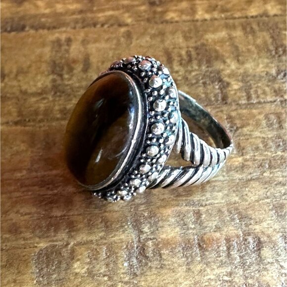 Tigers Eye Sterling Silver Oval Ring With Ornate Band & Beaded Detailing Size 6 - Picture 2 of 16